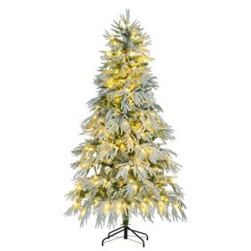 6FT Pre-Lit Spruce Snow Flocked Christmas Tree, Artificial Hinged Xmas Tree with 300 Multi-Color LED Lights, 8 Flashing Modes &790 Snow Branch Tips