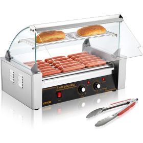 Hot Dog Roller 5 Rollers 12 Hot Dogs Capacity, Sausage Grill Cooker Machine with Dual Temp Control Glass Hood Shelf Removable (Color: 7 Roller)