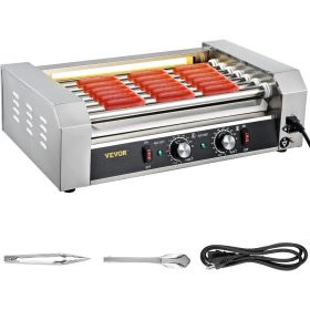 Hot Dog Roller 5 Rollers 12 Hot Dogs Capacity, Sausage Grill Cooker Machine with Dual Temp Control Glass Hood Shelf Removable (Color: 7 Roller-Open)