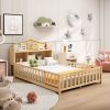 Full-size Montessori Floor Bed with Bookcases and Blackboards, Versatile Platform Beds with Guard rails, Solid Wood Floor Beds with Storage Headboards