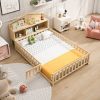 Full-size Montessori Floor Bed with Bookcases and Blackboards, Versatile Platform Beds with Guard rails, Solid Wood Floor Beds with Storage Headboards