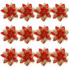 12pcs Christmas Glitter Artificial Poinsettia Flowers Christmas Tree Flowers Hanging Ornaments Party Decoration With Stems Clips